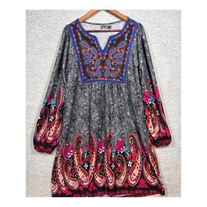 White Mark 2X Tunic Dress Black Gray Paisley Embroidered Long Sleeve Boho Chic